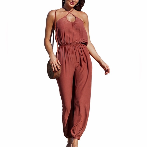 Cupshe Pants - Cupshe Large Women's Burgundy Cross
Over Halter Neck Jumpsuit, NWT